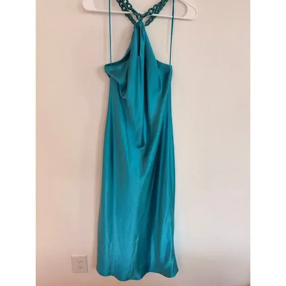 Stunning Jason Wu Turquoise Satin Halter Chain Midi Dress - Picture 3 of 10